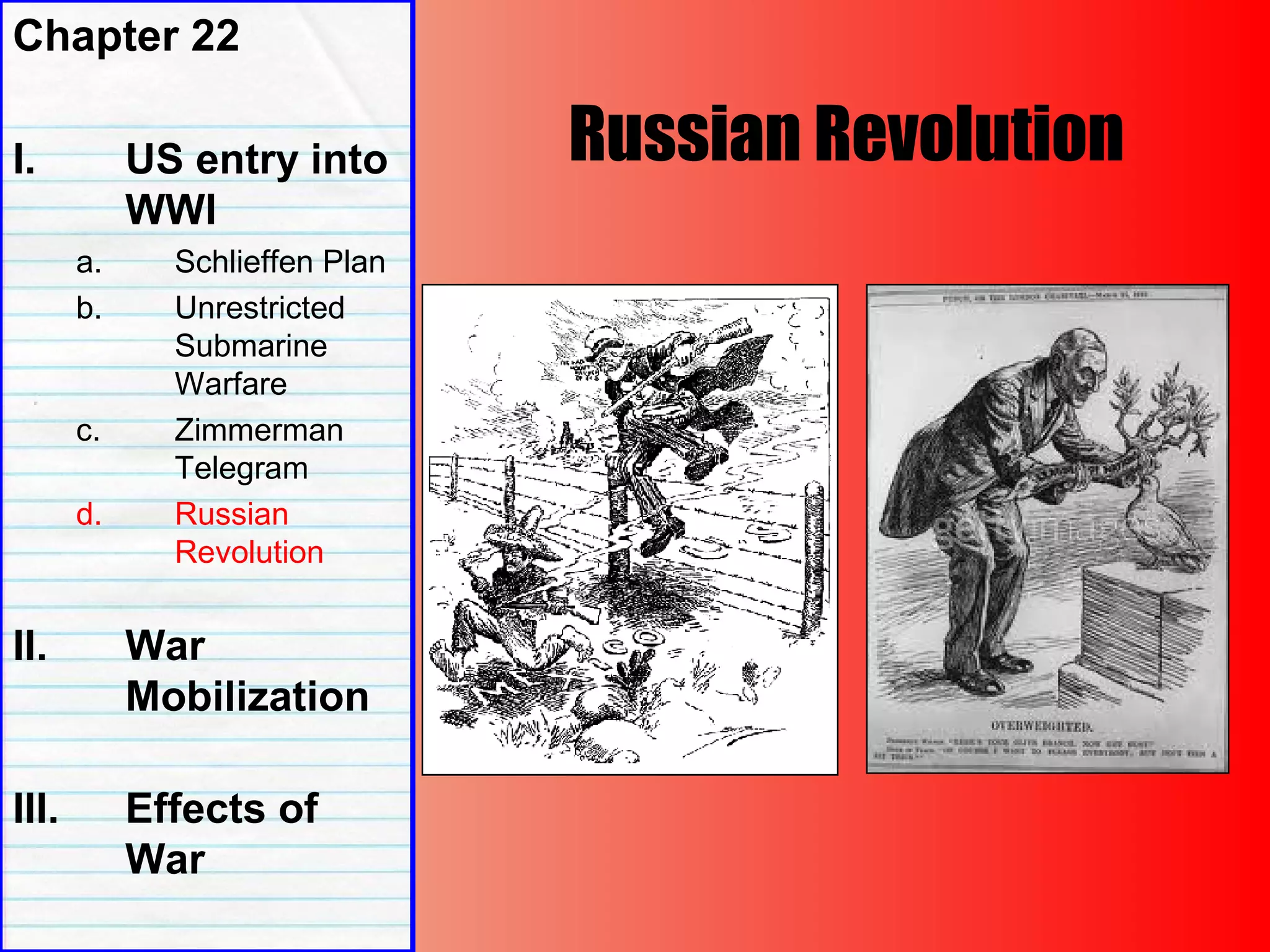 Russian Revolution
Chapter 22
I. US entry into
WWI
a. Schlieffen Plan
b. Unrestricted
Submarine
Warfare
c. Zimmerman
Telegram
d. Russian
Revolution
II. War
Mobilization
III. Effects of
War
 