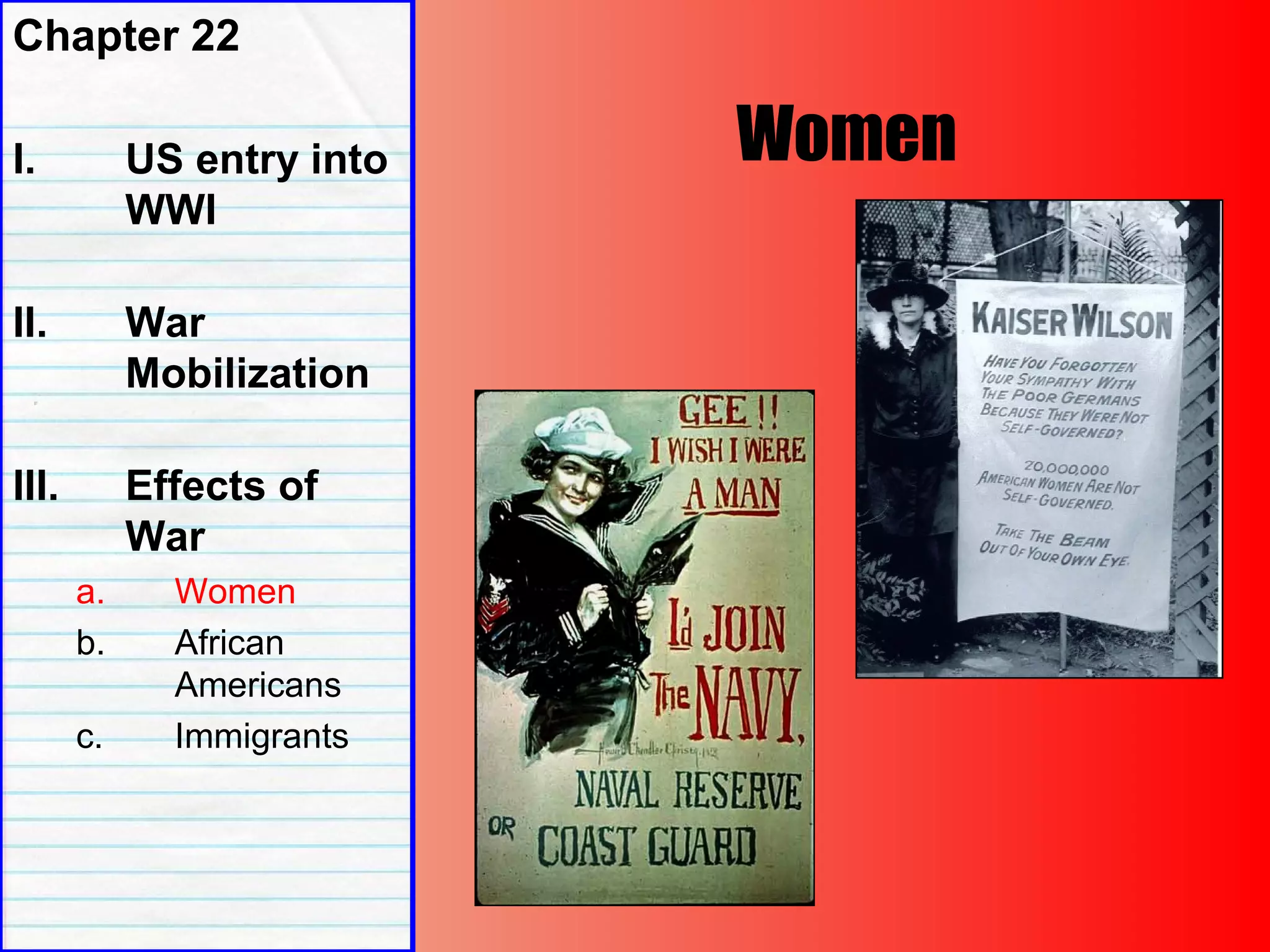 Women
Chapter 22
I. US entry into
WWI
II. War
Mobilization
III. Effects of
War
a. Women
b. African
Americans
c. Immigrants
 