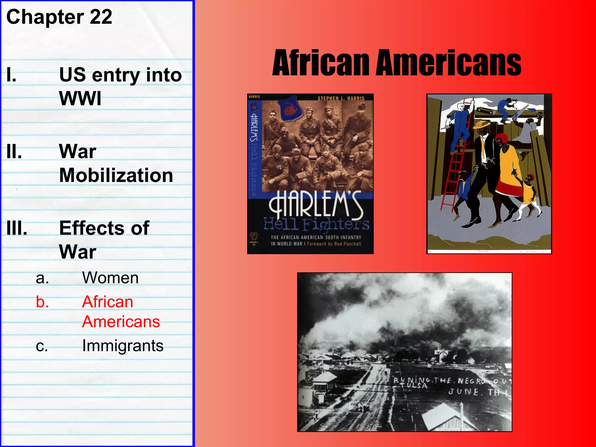 African Americans
Chapter 22
I. US entry into
WWI
II. War
Mobilization
III. Effects of
War
a. Women
b. African
Americans
c. Immigrants
 