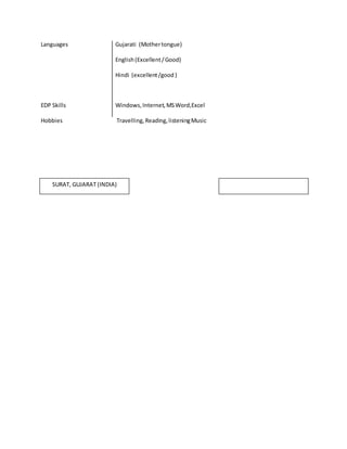 Languages Gujarati (Mothertongue)
EDP Skills
English(Excellent/Good)
Hindi (excellent/good )
Windows,Internet,MSWord,Excel
Hobbies Travelling, Reading,listeningMusic
SURAT, GUJARAT (INDIA)
 