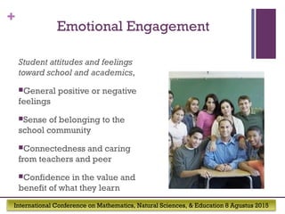 International Conference on Mathematics, Natural Sciences, & Education 8 Agustus 2015
+
Emotional Engagement
Student attitudes and feelings
toward school and academics,
General positive or negative
feelings
Sense of belonging to the
school community
Connectedness and caring
from teachers and peer
Confidence in the value and
benefit of what they learn
 
