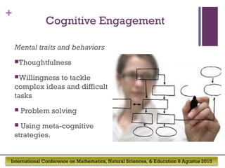 International Conference on Mathematics, Natural Sciences, & Education 8 Agustus 2015
+
Cognitive Engagement
Mental traits and behaviors
Thoughtfulness
Willingness to tackle
complex ideas and difficult
tasks
 Problem solving
 Using meta-cognitive
strategies.
 