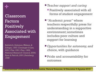 International Conference on Mathematics, Natural Sciences, & Education 8 Agustus 2015
+
Classroom
Factors
Positively
Associated with
Engagement
 Teacher support and caring
 Positively associated with all
forms of student engagement
 “Academic press” where
teachers respectfully press for
understanding in a supportive
environment; sometimes
includes peer culture and
support for learning
 Opportunities for autonomy,and
choice, with guidance
 Pride and accountability for
outcomes
Battistich,Solomon,Watson, &
Schaps, 1997; Croninger & Lee,
2001; Fine 1991; Finn, 1989;
National Research Council, 2004;
Ryan & Patrick,2001;Steinberg,
1996
 