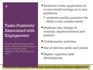 International Conference on Mathematics, Natural Sciences, & Education 8 Agustus 2015
+
Tasks Positively
Associated with
Engagement
 Authentic work: application of
in real-world settings or to real
problems
 students readily perceive the
utility in the outside world
 Students take charge of
concept, implementation and
product
 Collaborative activities
 Use of diverse skills and talents
 Higher cognitive skill
development
Connell, 1995; Fredericks,2004;
Jerald,2008; Marks,2000; National
Research Council, 2004;
Newmann, 1991; Newmann et al.,
1992
 