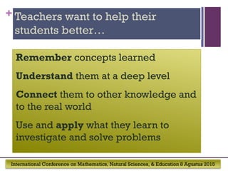 International Conference on Mathematics, Natural Sciences, & Education 8 Agustus 2015
+ Teachers want to help their
students better…
Remember concepts learned
Understand them at a deep level
Connect them to other knowledge and
to the real world
Use and apply what they learn to
investigate and solve problems
 