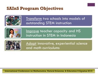 International Conference on Mathematics, Natural Sciences, & Education 8 Agustus 2015
SAInS Program Objectives
 