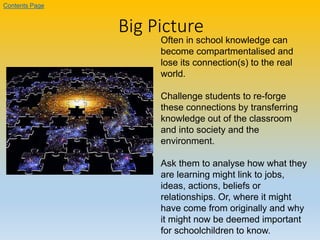 Big Picture
Often in school knowledge can
become compartmentalised and
lose its connection(s) to the real
world.
Challenge students to re-forge
these connections by transferring
knowledge out of the classroom
and into society and the
environment.
Ask them to analyse how what they
are learning might link to jobs,
ideas, actions, beliefs or
relationships. Or, where it might
have come from originally and why
it might now be deemed important
for schoolchildren to know.
Contents Page
 