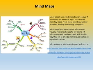Mind Maps
Many people use mind maps to plan essays. A
mind map has a central topic, out of which
stem key ideas. From these key ideas, further
branches develop, containing sub-points.
Mind maps help one to order information
visually. They are also useful for ticking off
information as it has been dealt with. In this
way they act as an aide memoire, as well as an
organisational tool.
Information on mind mapping can be found at:
http://freemind.sourceforge.net/wiki/index.php/Main_Page
http://www.mindtools.com/pages/article/newISS_01.htm
http://www.thinkbuzan.com/uk/
 