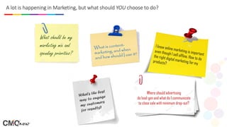 What should be my
marketing mix and
spending priorities?
Where should advertising
do lead-gen and what do I communicate
to close sale with minimum drop-out?
A lot is happening in Marketing, but what should YOU choose to do?
 