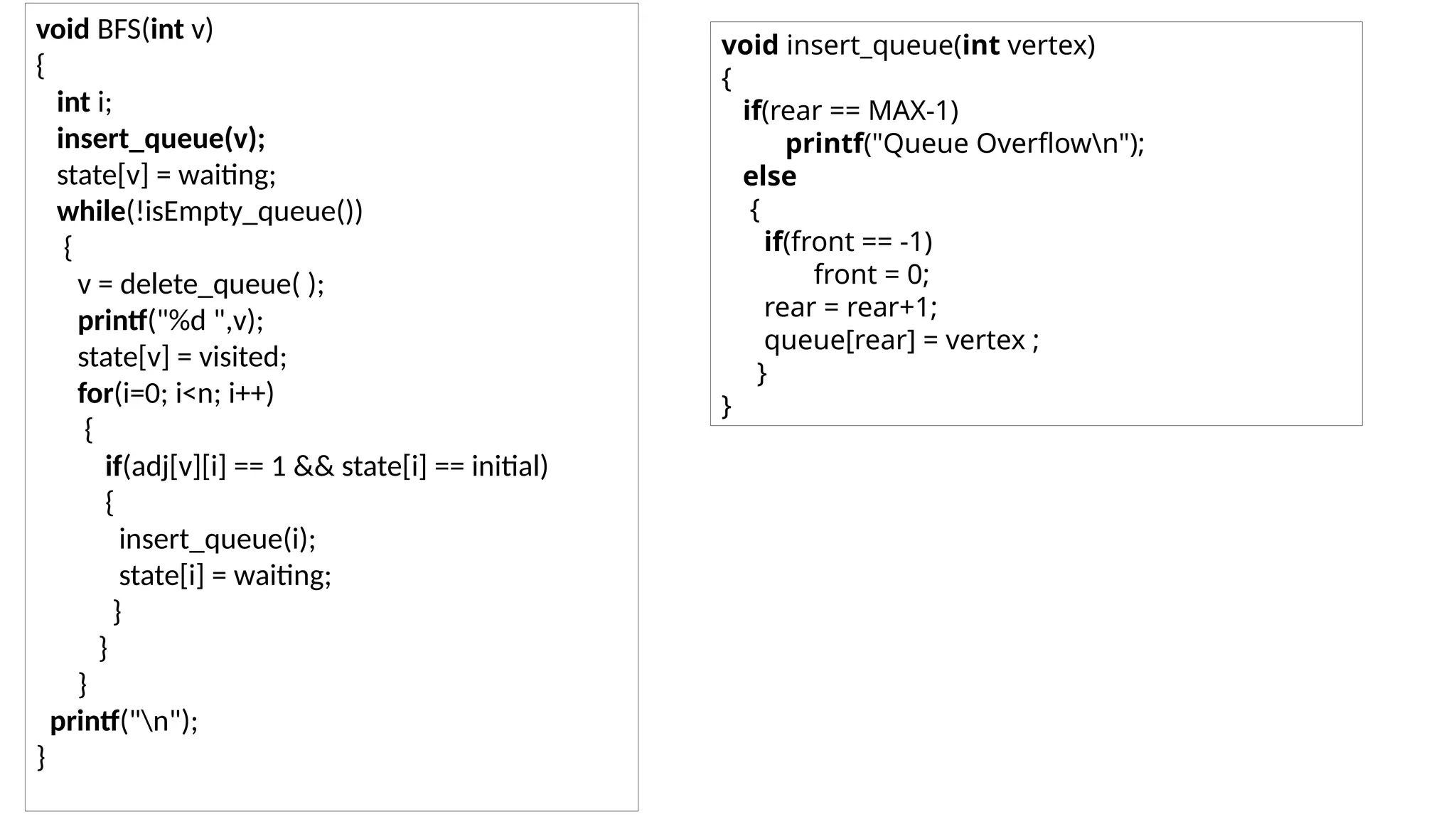 void BFS(int v)
{
int i;
insert_queue(v);
state[v] = waiting;
while(!isEmpty_queue())
{
v = delete_queue( );
printf("%d ",v);
state[v] = visited;
for(i=0; i<n; i++)
{
if(adj[v][i] == 1 && state[i] == initial)
{
insert_queue(i);
state[i] = waiting;
}
}
}
printf("n");
}
void insert_queue(int vertex)
{
if(rear == MAX-1)
printf("Queue Overflown");
else
{
if(front == -1)
front = 0;
rear = rear+1;
queue[rear] = vertex ;
}
}
 