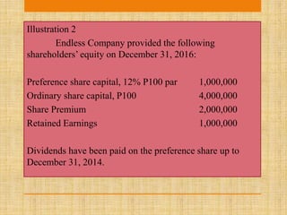 Illustration 2
Endless Company provided the following
shareholders’ equity on December 31, 2016:
Preference share capital, 12% P100 par 1,000,000
Ordinary share capital, P100 4,000,000
Share Premium 2,000,000
Retained Earnings 1,000,000
Dividends have been paid on the preference share up to
December 31, 2014.
 