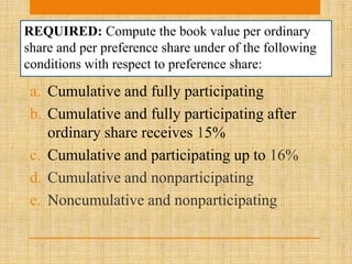 REQUIRED: Compute the book value per ordinary
share and per preference share under of the following
conditions with respect to preference share:
a. Cumulative and fully participating
b. Cumulative and fully participating after
ordinary share receives 15%
c. Cumulative and participating up to 16%
d. Cumulative and nonparticipating
e. Noncumulative and nonparticipating
 