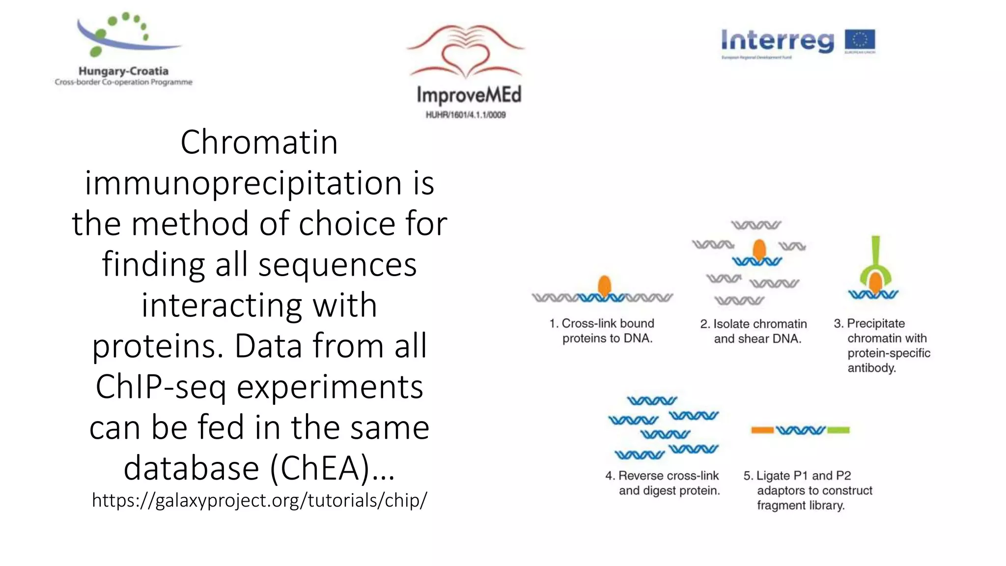 Chromatin
immunoprecipitation is
the method of choice for
finding all sequences
interacting with
proteins. Data from all
ChIP-seq experiments
can be fed in the same
database (ChEA)…
https://galaxyproject.org/tutorials/chip/
 