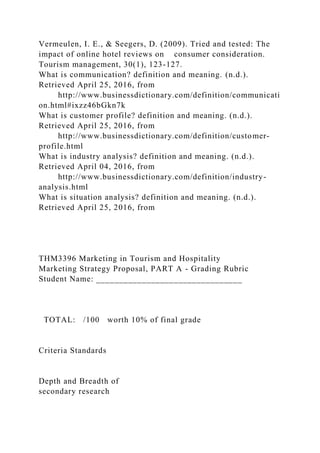 Vermeulen, I. E., & Seegers, D. (2009). Tried and tested: The
impact of online hotel reviews on consumer consideration.
Tourism management, 30(1), 123-127.
What is communication? definition and meaning. (n.d.).
Retrieved April 25, 2016, from
http://www.businessdictionary.com/definition/communicati
on.html#ixzz46bGkn7k
What is customer profile? definition and meaning. (n.d.).
Retrieved April 25, 2016, from
http://www.businessdictionary.com/definition/customer-
profile.html
What is industry analysis? definition and meaning. (n.d.).
Retrieved April 04, 2016, from
http://www.businessdictionary.com/definition/industry-
analysis.html
What is situation analysis? definition and meaning. (n.d.).
Retrieved April 25, 2016, from
THM3396 Marketing in Tourism and Hospitality
Marketing Strategy Proposal, PART A - Grading Rubric
Student Name: ________________________________
TOTAL: /100 worth 10% of final grade
Criteria Standards
Depth and Breadth of
secondary research
 