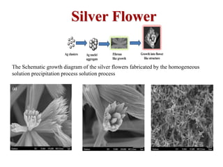 Silver Flower
(a) (b) (c)
Ag clusters Ag nuclei
aggregate
Fibrous
like growth
Growth into flower
like structure
The Schematic growth diagram of the silver flowers fabricated by the homogeneous
solution precipitation process solution process
 