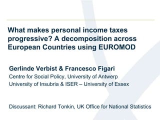 What makes personal income taxes 
progressive? A decomposition across 
European Countries using EUROMOD 
Gerlinde Verbist & Francesco Figari 
Centre for Social Policy, University of Antwerp 
University of Insubria & ISER – University of Essex 
Discussant: Richard Tonkin, UK Office for National Statistics 
 