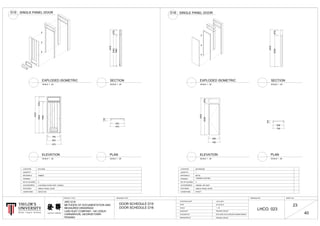 2420
2732028
143
760
656
760
656
2420
2732028
DRAWING NO. SHEET NO.PROJECT TITLE DRAWING TITLE
LHCO. 023
23
40
LOCATION
QUANTITY
MATERIALS
FINISHES
NO OF GLAZING
ACCESSORIES
FEATURES
CONDITIONS
LOCATION
QUANTITY
MATERIALS
FINISHES
NO OF GLAZING
ACCESSORIES
FEATURES
CONDITIONS
KITCHEN
1
0
LOUVERED DOOR VENT, HINGES
SINGLE PANEL DOOR
DEFECTED
TIMBER
-
BATHROOM
1
0
HINGES, AIR VENT
SINGLE PANEL DOOR
INTACT
METAL
VARNISH COATING
02-03-2015
1 : 25
STARTING DATE
DATE
SCALE
DRAWN BY
CHECKED BY
MEASURED BY
19-01-2015
KOH JING HAO & SANJEH KUMAR RAMAN
PENANG GROUP
PENANG GROUP
LIAN HUAT COMPANY
ELEVATION
SCALE 1 : 25
PLAN
SCALE 1 : 25
EXPLODED ISOMETRIC
SCALE 1 : 25
SECTION
SCALE 1 : 25
SECTION
SCALE 1 : 25
EXPLODED ISOMETRIC
SCALE 1 : 25
ELEVATION
SCALE 1 : 25
PLAN
SCALE 1 : 25
SINGLE PANEL DOORD15 SINGLE PANEL DOORD16
ARC1215
METHODS OF DOCUMENTATION AND
MEASURED DRAWINGS
LIAN HUAT COMPANY, 140 LEBUH
CARNARVON, GEORGETOWN
PENANG
DOOR SCHEDULE D15
DOOR SCHEDULE D16
 