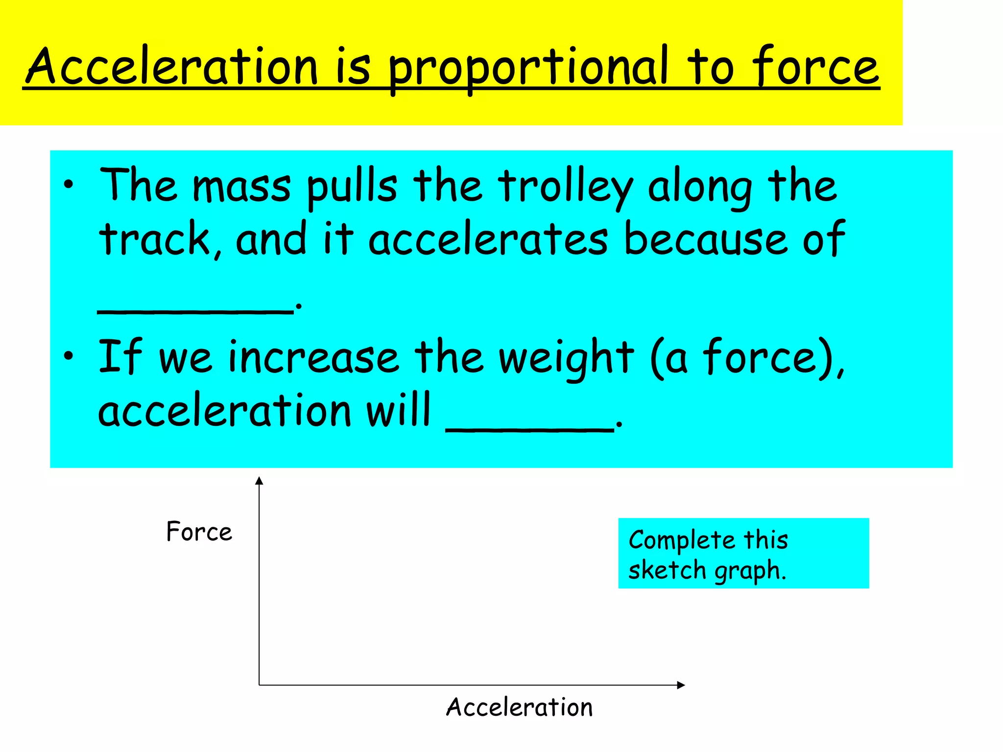 Acceleration is proportional to force
• The mass pulls the trolley along the
track, and it accelerates because of
_______.
• If we increase the weight (a force),
acceleration will ______.
Force

Complete this
sketch graph.

Acceleration

 