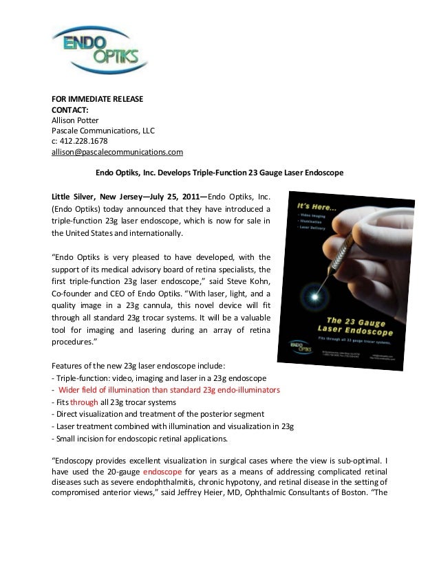 23 g Laser Endoscope Press Release from Endo Optics