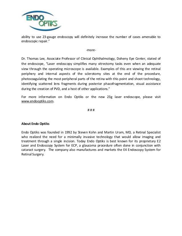 23 g Laser Endoscope Press Release from Endo Optics