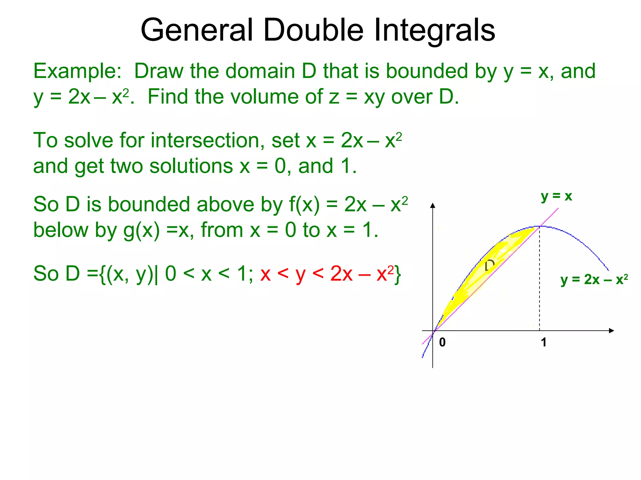 General Double Integrals
Example: Draw the domain D that is bounded by y = x, and
y = 2x – x2
. Find the volume of z = xy over D.
So D is bounded above by f(x) = 2x – x2
below by g(x) =x, from x = 0 to x = 1.
To solve for intersection, set x = 2x – x2
and get two solutions x = 0, and 1.
0 1
D
y = 2x – x2
y = x
So D ={(x, y)| 0 < x < 1; x < y < 2x – x2
}
 