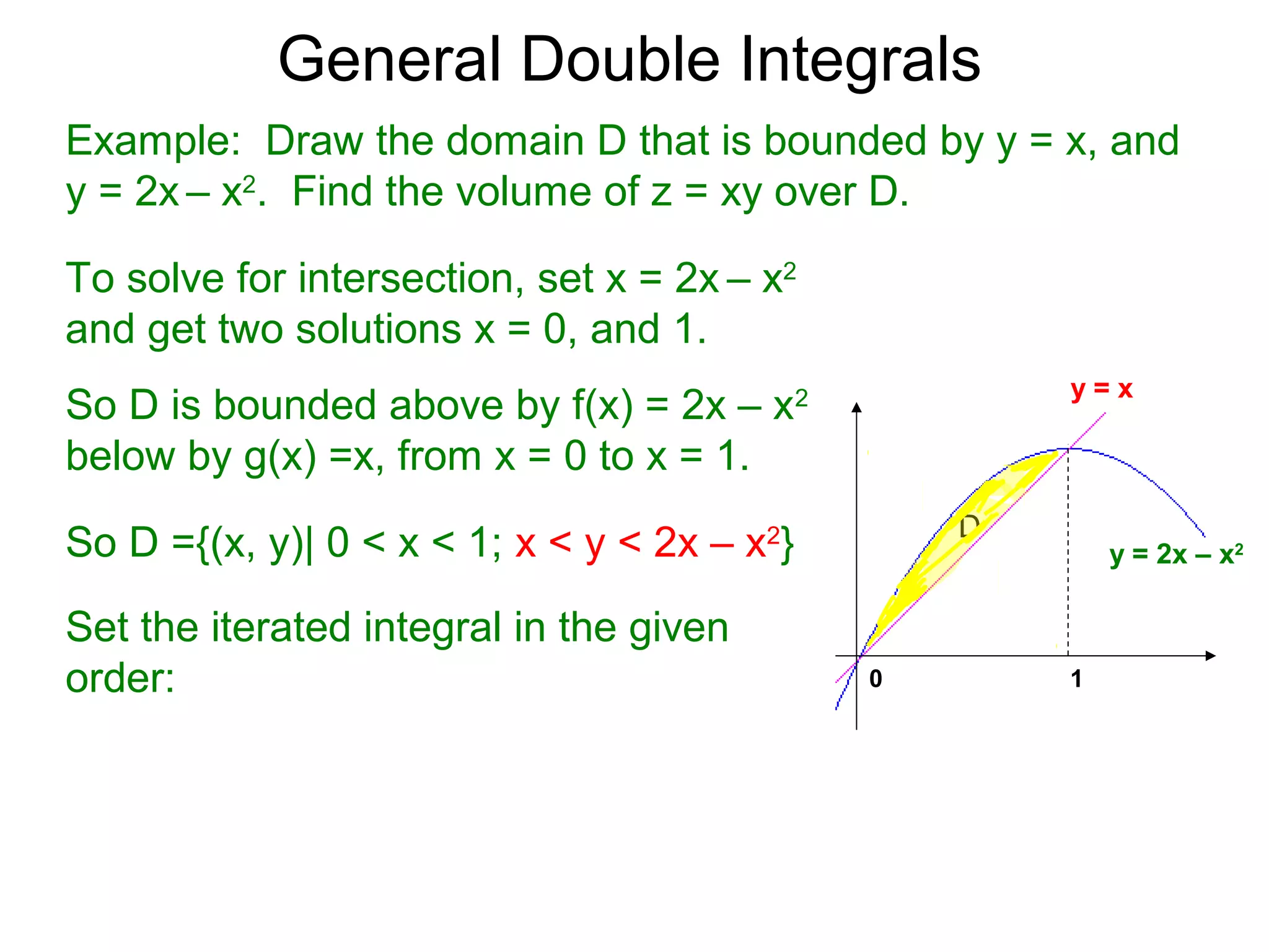 General Double Integrals
Example: Draw the domain D that is bounded by y = x, and
y = 2x – x2
. Find the volume of z = xy over D.
So D is bounded above by f(x) = 2x – x2
below by g(x) =x, from x = 0 to x = 1.
To solve for intersection, set x = 2x – x2
and get two solutions x = 0, and 1.
0 1
D
y = 2x – x2
y = x
So D ={(x, y)| 0 < x < 1; x < y < 2x – x2
}
Set the iterated integral in the given
order:
 