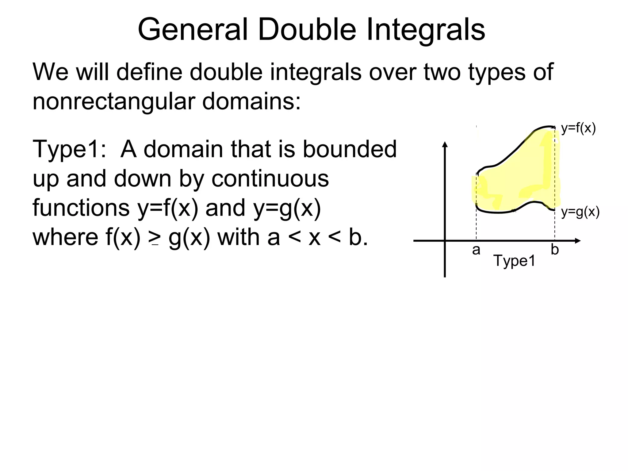 General Double Integrals
We will define double integrals over two types of
nonrectangular domains:
Type1: A domain that is bounded
up and down by continuous
functions y=f(x) and y=g(x)
where f(x) > g(x) with a < x < b. a b
Type1
y=f(x)
y=g(x)
 
