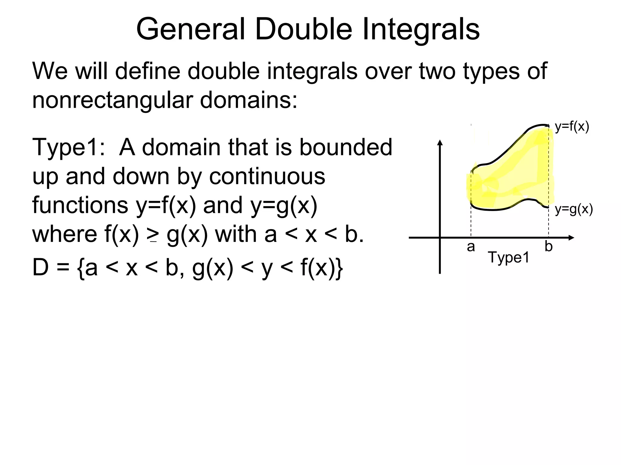 General Double Integrals
We will define double integrals over two types of
nonrectangular domains:
Type1: A domain that is bounded
up and down by continuous
functions y=f(x) and y=g(x)
where f(x) > g(x) with a < x < b. a b
Type1
y=f(x)
y=g(x)
D = {a < x < b, g(x) < y < f(x)}
 