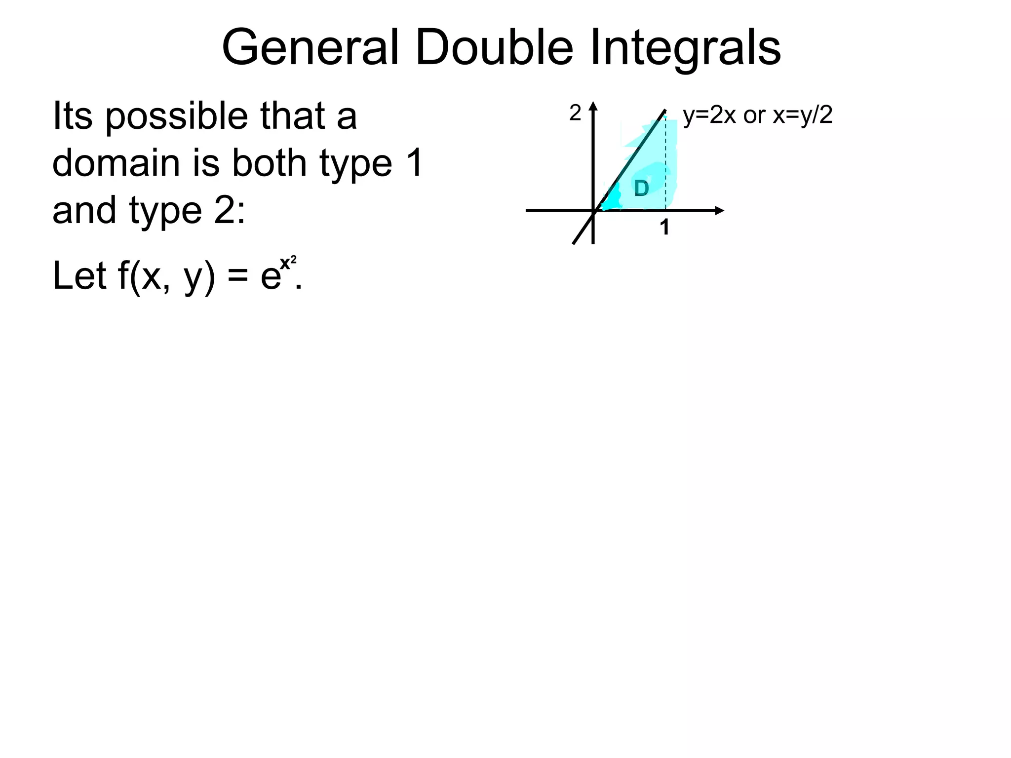 General Double Integrals
Its possible that a
domain is both type 1
and type 2:
y=2x or x=y/2
1
Let f(x, y) = e .
2
D
x2
 