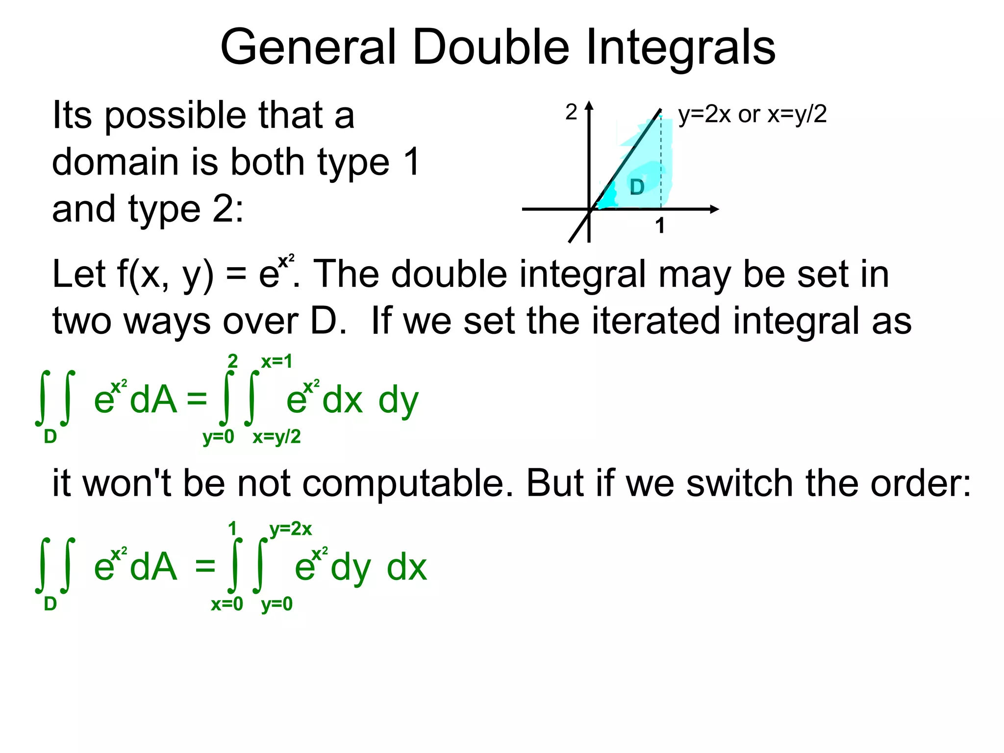 General Double Integrals
= dy∫y=0
2
dx
x=1
∫x=y/2
Its possible that a
domain is both type 1
and type 2:
y=2x or x=y/2
1
Let f(x, y) = e . The double integral may be set in
two ways over D. If we set the iterated integral as
∫D
dA∫
2
D
it won't be not computable. But if we switch the order:
x2
x2
e
x2
e
= dx∫x=0
1
dy
y=2x
∫y=0
∫D
dA∫
x2
e
x2
e
 