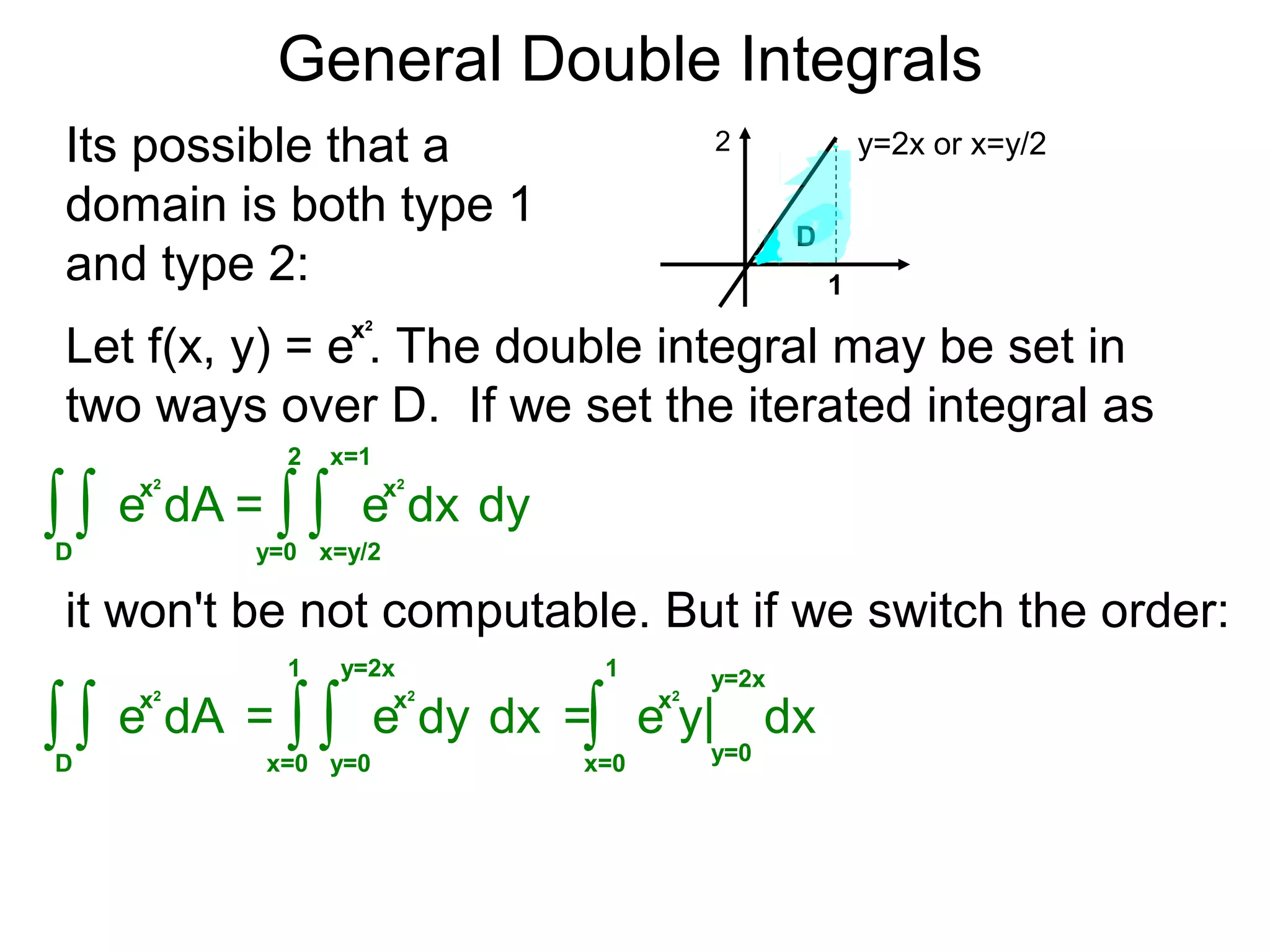 General Double Integrals
= dy∫y=0
2
dx
x=1
∫x=y/2
Its possible that a
domain is both type 1
and type 2:
y=2x or x=y/2
1
Let f(x, y) = e . The double integral may be set in
two ways over D. If we set the iterated integral as
∫D
dA∫
2
D
it won't be not computable. But if we switch the order:
x2
x2
e
x2
e
= dx∫x=0
1
dy
y=2x
∫y=0
∫D
dA∫
x2
e
x2
e = dx∫x=0
1 y=2x
y=0
x2
e y|
 