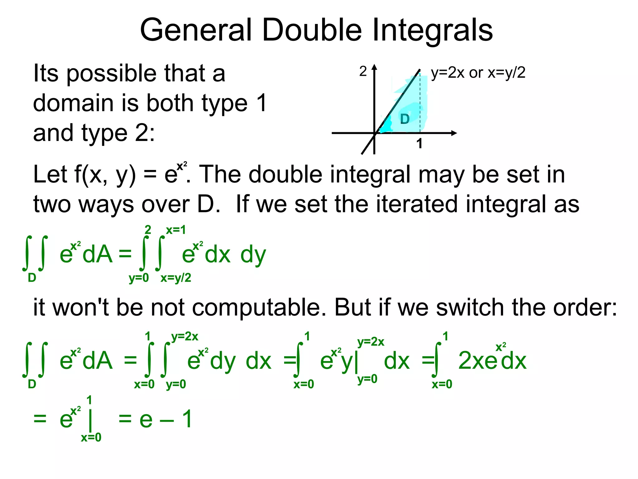 General Double Integrals
= dy∫y=0
2
dx
x=1
∫x=y/2
Its possible that a
domain is both type 1
and type 2:
y=2x or x=y/2
1
Let f(x, y) = e . The double integral may be set in
two ways over D. If we set the iterated integral as
∫D
dA∫
2
D
it won't be not computable. But if we switch the order:
x2
x2
e
x2
e
= dx∫x=0
1
dy
y=2x
∫y=0
∫D
dA∫
x2
e
x2
e = dx∫x=0
1 y=2x
y=0
x2
e y| = dx∫x=0
1
2xe
x=0
1
x2
e |= = e – 1
x2
 