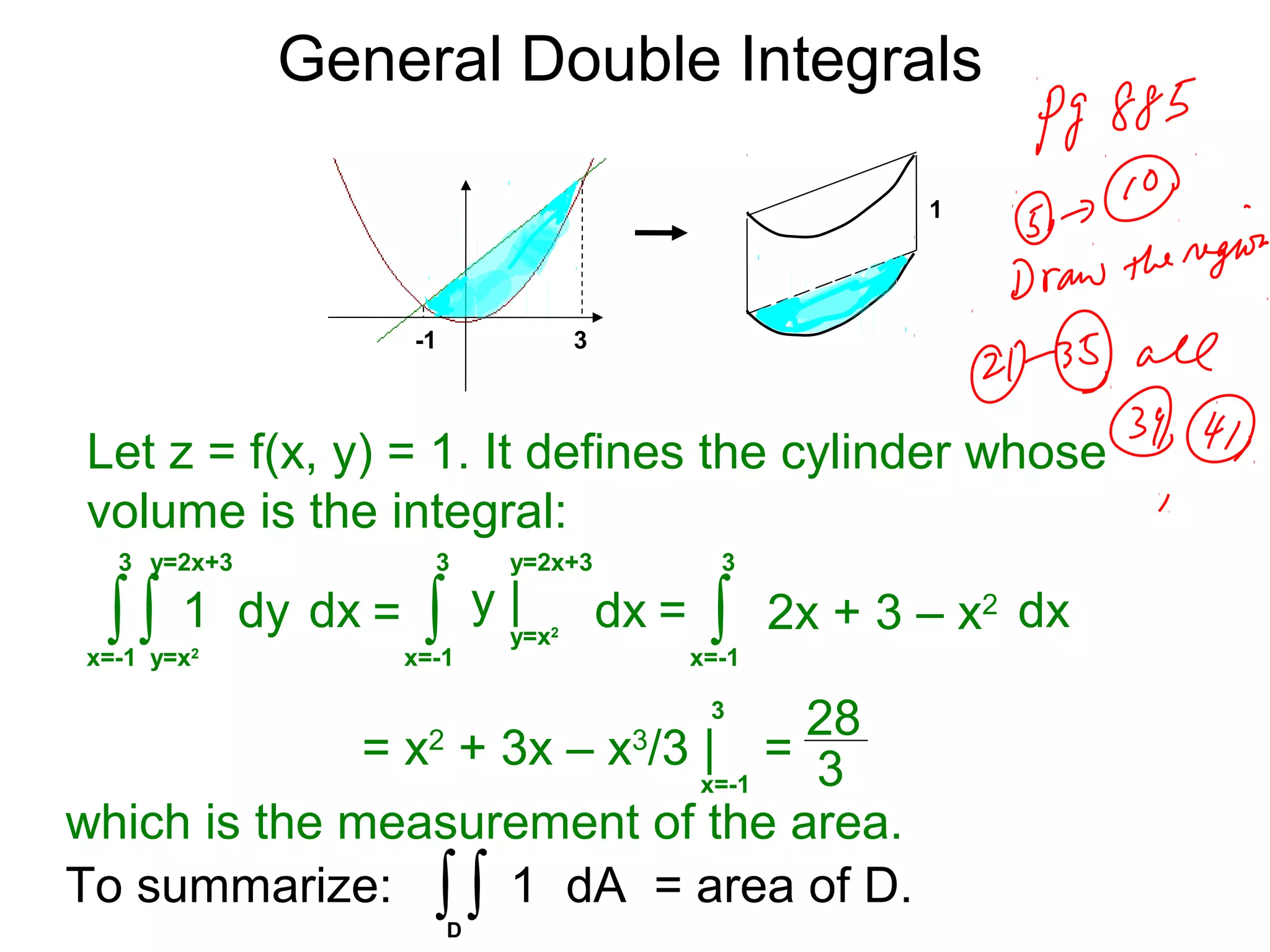 General Double Integrals
Let z = f(x, y) = 1. It defines the cylinder whose
volume is the integral:
dx∫x=-1
3
dy
y=2x+3
∫y=x2
1 = dx∫x=-1
3
y |
y=2x+3
y=x2
= dx∫x=-1
3
2x + 3 – x2
= x2
+ 3x – x3
/3 |
x=-1
3
=
28
3
-1 3
1
x=-1
which is the measurement of the area.
To summarize: ∫ dA = area of D.∫ 1
D
 