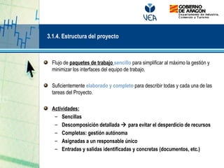 Flujo de paquetes de trabajo sencillo para simplificar al máximo la gestión y
minimizar los interfaces del equipo de trabajo.
Suficientemente elaborado y completo para describir todas y cada una de las
tareas del Proyecto.
Actividades:
– Sencillas
– Descomposición detallada  para evitar el desperdicio de recursos
– Completas: gestión autónoma
– Asignadas a un responsable único
– Entradas y salidas identificadas y concretas (documentos, etc.)
3.1.4. Estructura del proyecto
 