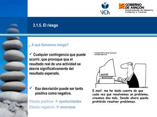   
¿ A qué llamamos riesgo?
 Cualquier contingencia que puede
ocurrir, que provoque que el
resultado real de una actividad se
desvíe significativamente del
resultado esperado.
E.mail: me he dado cuenta de que
cada vez que resolvemos un problema,
creamos dos más. Desde ahora queda
prohibido resolver problemas.
 Esa desviación puede ser tanto
positiva como negativa.
Efectos positivos  oportunidades
Efectos negativos  amenazas
3.1.5. El riesgo
 