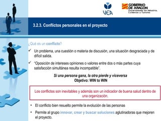 Los conflictos son inevitables y además son un indicador de buena salud dentro de
una organización.
¿Qué es un conflicto?
 Un problema, una cuestión o materia de discusión, una situación desgraciada y de
difícil salida.
 “Oposición de intereses opiniones o valores entre dos o más partes cuya
satisfacción simultánea resulta incompatible”.
Si una persona gana, la otra pierde y viceversa
Objetivo: WIN to WIN
• El conflicto bien resuelto permite la evolución de las personas
• Permite al grupo innovar, crear y buscar soluciones aglutinadoras que mejoren
el proyecto.
3.2.3. Conflictos personales en el proyecto
 