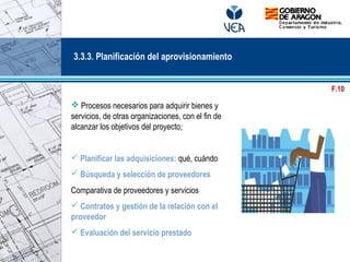  Procesos necesarios para adquirir bienes y
servicios, de otras organizaciones, con el fin de
alcanzar los objetivos del proyecto;
 Planificar las adquisiciones: qué, cuándo
 Búsqueda y selección de proveedores
Comparativa de proveedores y servicios
 Contratos y gestión de la relación con el
proveedor
 Evaluación del servicio prestado
3.3.3. Planificación del aprovisionamiento
F.10
 
