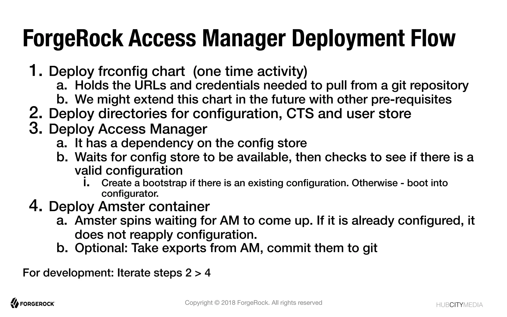 HUBCITYMEDIA!
ForgeRock Access Manager Deployment Flow
1.  Deploy frconﬁg chart (one time activity)!
a.  Holds the URLs and credentials needed to pull from a git repository!
b.  We might extend this chart in the future with other pre-requisites!
2.  Deploy directories for conﬁguration, CTS and user store!
3.  Deploy Access Manager!
a.  It has a dependency on the conﬁg store !
b.  Waits for conﬁg store to be available, then checks to see if there is a
valid conﬁguration!
i.  Create a bootstrap if there is an existing conﬁguration. Otherwise - boot into
conﬁgurator.!
4.  Deploy Amster container!
a.  Amster spins waiting for AM to come up. If it is already conﬁgured, it
does not reapply conﬁguration.!
b.  Optional: Take exports from AM, commit them to git!
For development: Iterate steps 2 > 4!
Copyright © 2018 ForgeRock. All rights reserved
 