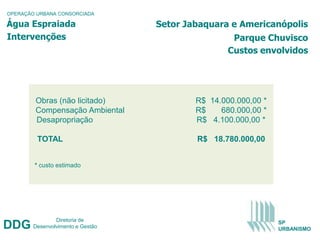OPERAÇÃO URBANA CONSORCIADA

Água Espraiada                     Setor Jabaquara e Americanópolis
Intervenções                                        Parque Chuvisco
                                                   Custos envolvidos




        Obras (não licitado)               R$ 14.000.000,00 *
        Compensação Ambiental              R$    680.000,00 *
        Desapropriação                     R$ 4.100.000,00 *

         TOTAL                             R$ 18.780.000,00


        * custo estimado




                Diretoria de
DDG     Desenvolvimento e Gestão
                                                                SP
                                                                URBANISMO
 
