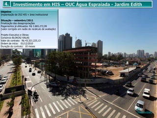 Objetivo
Implantação de 252 HIS + área institucional

Situação – setembro/2011
Finalização das desapropriações
Pagamentos já efetuados: R$ 2.865.272,99
(valor corrigido em razão de recálculo de avaliação)

Projeto Executivo e Obras:
Consórcio BLOKOS/ KALAS
Valor do contrato: R$ 43.321.225,13
Ordem de início: 01/12/2010
Duração do contrato: 18 meses




                                                       SP
                                                       URBANISMO
 