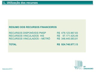 RESUMO DOS RECURSOS FINANCEIROS

        RECURSOS DISPONÍVEIS PMSP         R$ 479.123.967,83
        RECURSOS VINCULADOS HIS           R$ 97.171.425,49
        RECURSOS VINCULADOS – METRÔ       R$ 348.445.583,81

        TOTAL                             R$ 924.740.977,13




                                                              SP
Setembro/2011                                                 URBANISMO
 