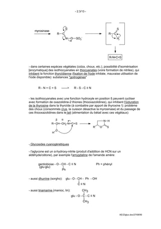 - 2.3/13 -




                                 _
                                 S-                                           S
    myrosinase
                      R      C                                      R     C
                                 N    O   SO3-                                H




                                                                       R-N=C=S


- dans certaines espèces végétales (colza, choux, etc.), possibilité d'isomérisation
[enzymatique] des isothiocyanates en thiocyanates (voire formation de nitriles), qui
inhibent la fonction thyroïdienne (fixation de l'iode inhibée, mauvaise utilisation de
l'iode disponible): substances "goitrogènes"


       R-N=C=S            ------>         R-S-C≡N


- les isothiocyanates avec une fonction hydroxyle en position ß peuvent cycliser
avec formation de oxazolidine-2 thiones (thiooxazolidines), qui inhibent l'ioduration
de la thyrosine dans la thyroïde (à combattre par apport de thyroxine !): problème
des choux (consommés crus, la cuisson désactive la myrosinase) et du passage de
ces thiooxazolidines dans le lait (alimentation du bétail avec ces végétaux):

                    β  α
                                                                  N H
                  R CH CH2 N C S
                                                       R      O    S
                      O
                  H



- Glycosides cyanogénétiques

- l'aglycone est un α-hydroxy-nitrile (produit d'addition de HCN sur un
aldéhyde/cétone), par exemple l'amygdaline de l'amande amère:


       gentiobiose - O - CH - C ≡ N                         Ph = phényl
        (glu-glu)         |
                         Ph


- aussi dhurrine (sorgho):       glu - O - CH - Ph - OH
                                            |
                                           C≡N

- aussi linamarine (manioc, lin):              CH3
                                                |
                                      glu - O - C - C ≡ N
                                                |
                                                CH3



                                                                                  AE/23gluc.doc/27/08/99
 