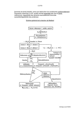 - 2.3/16 -



[pommes de terre] séchés), ainsi que destruction de constituants nutritionnellement
importants (vitamines C et K, acides aminés essentiels tels que la lysine,
méthionine), digestibilité des aliments éventuellement diminuée
(solubilité/digestibilité des protéines)

                 Schéma général de la réaction de Maillard




                                                                   AE/23gluc.doc/27/08/99
 