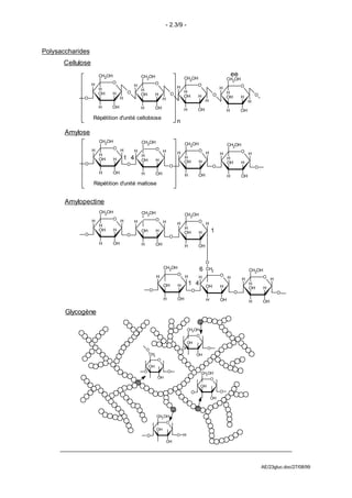 - 2.3/9 -



Polysaccharides
      Cellulose
                      CH2OH                      CH2OH                                                                 ee
                                                                                    CH2OH                          CH2OH
                  H        O                                  O
                                            H                                  H             O                              O
                      H                          H                                                            H
                      OH      H         O                                          H                              H
                                                 OH           H            O       OH        H            O                          O
             O                     H                               H                                              OH        H
                                                                                                  H                              H
                      H    OH                    H            OH                    H        OH                    H        OH
                  Répétition d'unité cellobiose
                                                                               n
       Amylose
                      CH2OH                      CH2OH                              CH2OH                          CH2OH
                  H           O H                             O H
                                             H                                               O                              O
                      H                                                        H                  H           H                  H
                                                 H
                      OH      H        1 4       OH           H
                                                                                    H                              H
             O                                                                      OH       H                     OH       H
                                        O                                  O                              O                          O
                      H       OH                 H            OH                    H        OH                    H        OH
                  Répétition d'unité maltose


       Amylopectine
                      CH2OH                      CH2OH                              CH2OH
                  H           O H                             O H
                                             H                                 H             O H
                      H
                                                                                    H
                      OH      H                  OH           H                     OH       H            1
             O                          O                                  O
                      H       OH                 H            OH                    H        OH


                                                                                                  O
                                                                   CH2OH                      6   CH2                            CH2OH
                                                                               O                              O
                                                              H                     H        H                     H                     O
                                                                                                                            H                 H
                                                                   OH          H        1 4       OH          H
                                                                                                                                 H
                                                         O                                                                       OH      H
                                                                                         O                              O                         O
                                                                   H           OH                  H          OH                 H       OH

       Glycogène

                                                                                     CH2 OH
                                                                                             O
                                                                                     OH
                                                     O                             OH                 O
                                                      CH2                                    OH
                                                              O
                                                         OH
                                                     O                 O                         CH2OH
                                                              OH                                     O
                                                                                                 OH
                                                                                         O                    O
                                                                                                       OH



                                                              CH2 OH
                                                                       O
                                                              OH
                                                     O                         O H
                                                                       OH




                                                                                                                                         AE/23gluc.doc/27/08/99
 