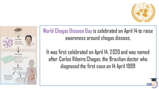World Chagas Disease Day is celebrated on April 14 to raise
awareness around chagas disease.
It was first celebrated on April 14, 2020 and was named
after Carlos Ribeiro Chagas, the Brazilian doctor who
diagnosed the first case on 14 April 1909
 