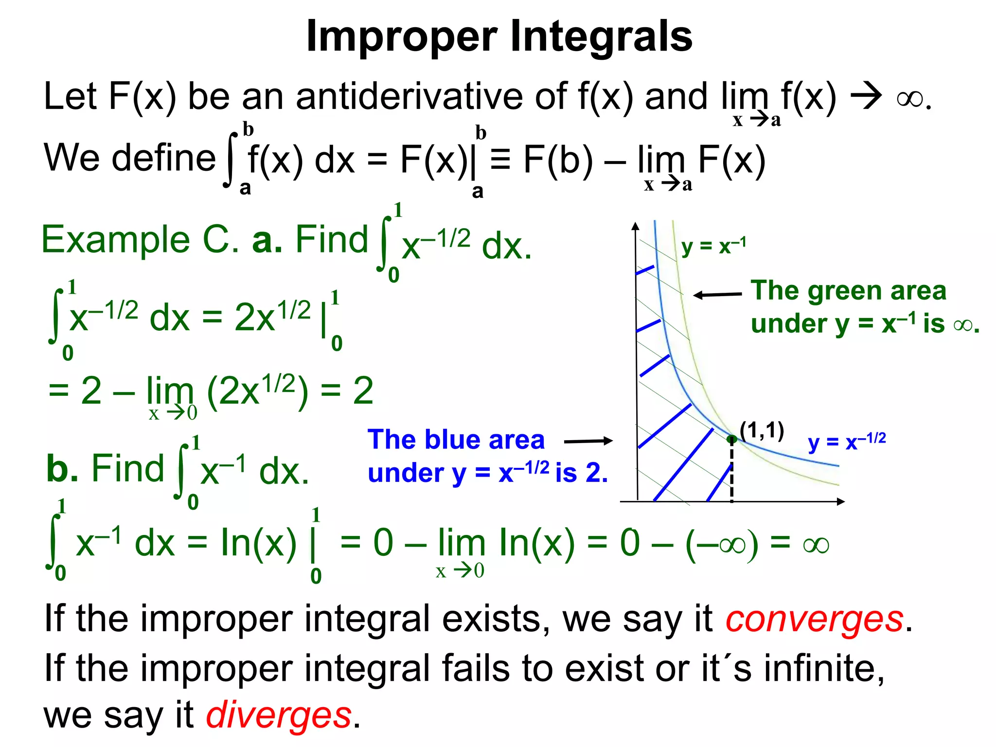 Let F(x) be an antiderivative of f(x) and lim f(x)  ∞.
We define
x a
∫a
b
f(x) dx = F(x)| ≡ F(b) – lim F(x)
Example C. a. Find ∫0
1
x–1/2 dx.
∫0
1
x–1/2 dx = 2x1/2 |
1
0
x 0
b. Find ∫0
1
x–1 dx.
∫0
1
x–1 dx = In(x) | = 0 – lim In(x) = 0 – (–∞) = ∞
1
0 x 0
If the improper integral exists, we say it converges.
If the improper integral fails to exist or it´s infinite,
we say it diverges.
a
b
Improper Integrals
x a
y = x–1/2
y = x–1
(1,1)
The blue area
under y = x–1/2 is 2.
The green area
under y = x–1 is ∞.
= 2 – lim (2x1/2) = 2
 