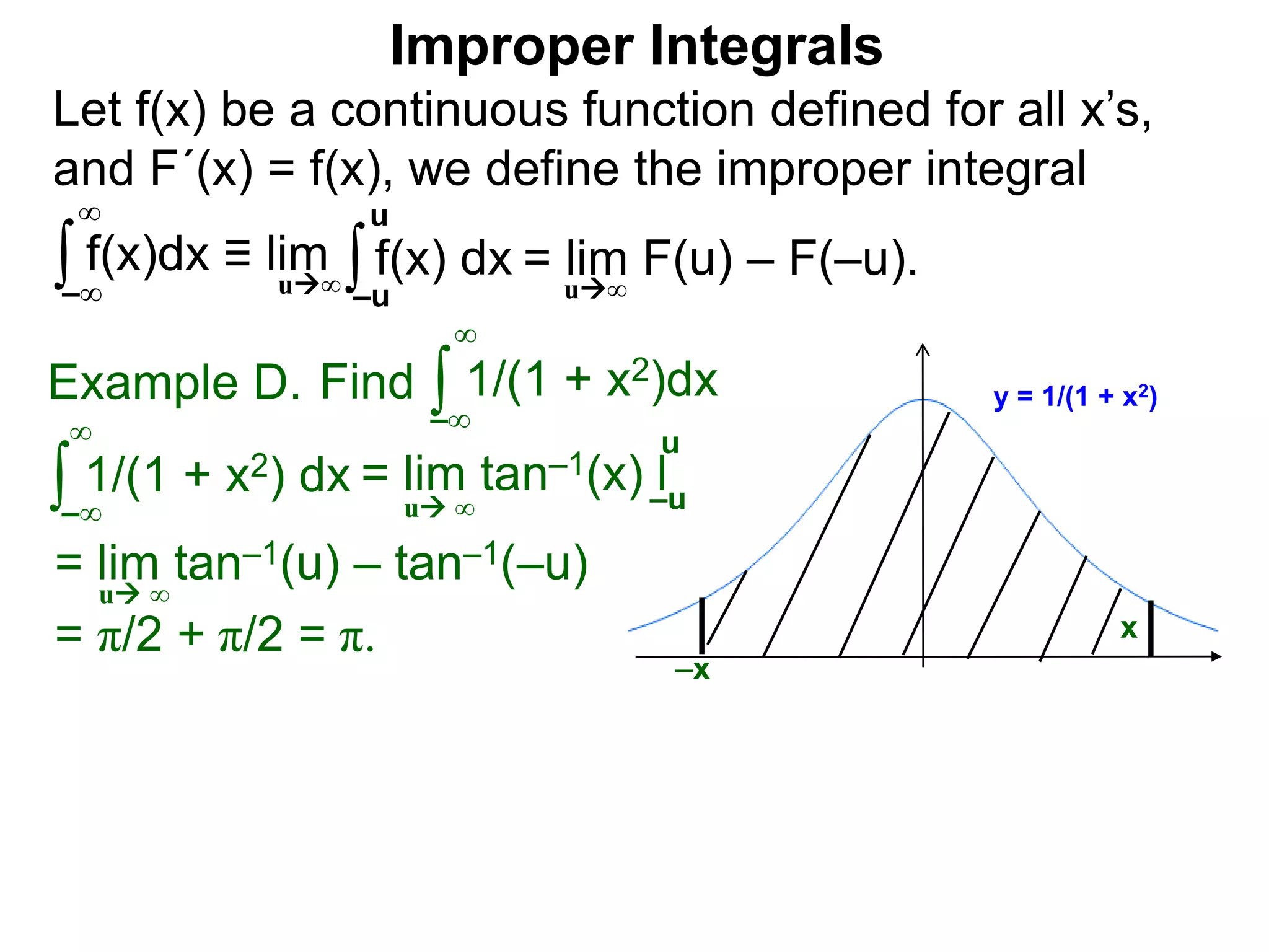 Let f(x) be a continuous function defined for all x’s,
and F´(x) = f(x), we define the improper integral
∫ f(x)dx ≡ lim
Improper Integrals
–∞
∞
∫f(x) dx
–u
u
Find ∫Example D.
–∞
∞
∫ 1/(1 + x2) dx
–∞
∞
= lim tan–1(u) – tan–1(–u)
= π/2 + π/2 = π.
u ∞
y = 1/(1 + x2)1/(1 + x2)dx
x
u∞
= lim F(u) – F(–u).u∞
–x
= lim tan–1(x) l–u
u
u ∞
 