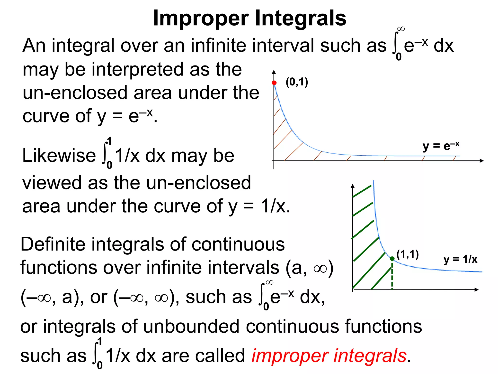 Improper Integrals
An integral over an infinite interval such as ∫ e–x dx
may be interpreted as the
un-enclosed area under the
curve of y = e–x.
0
∞
Likewise ∫ 1/x dx may be
viewed as the un-enclosed
area under the curve of y = 1/x.
0
1
(0,1)
y = e–x
Definite integrals of continuous
functions over infinite intervals (a, ∞)
(–∞, a), or (–∞, ∞), such as ∫ e–x dx,
y = 1/x(1,1)
0
∞
or integrals of unbounded continuous functions
such as ∫ 1/x dx are called improper integrals.0
1
 
