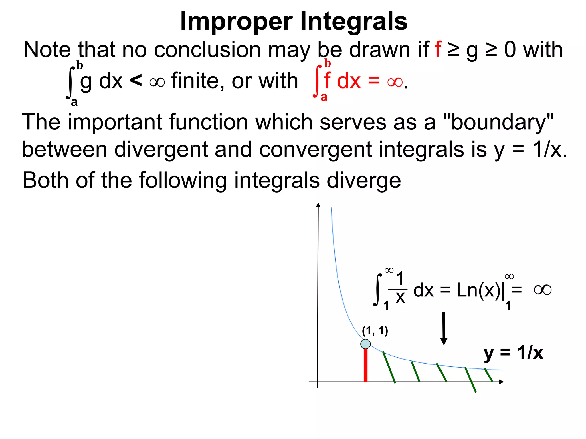 The important function which serves as a "boundary"
between divergent and convergent integrals is y = 1/x.
Note that no conclusion may be drawn if f ≥ g ≥ 0 with
g dx < ∞ finite, or with f dx = ∞.∫a
b
∫a
b
Improper Integrals
(1, 1)
Both of the following integrals diverge
∫1
∞
x
1
dx = Ln(x)| = ∞
1
∞
y = 1/x
 