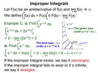 Let F(x) be an antiderivative of f(x) and lim f(x)  ∞.
We define
x a
∫a
b
f(x) dx = F(x)| ≡ F(b) – lim F(x)
Example C. a. Find ∫0
1
x–1/2 dx.
∫0
1
x–1/2 dx = 2x1/2 |
1
0
x 0
b. Find ∫0
1
x–1 dx.
∫0
1
x–1 dx = In(x) | = 0 – lim In(x) = 0 – (–∞) = ∞
1
0 x 0
If the improper integral exists, we say it converges.
If the improper integral fails to exist or it´s infinite,
we say it diverges.
a
b
Improper Integrals
x a
y = x–1/2
y = x–1
(1,1)
The blue area
under y = x–1/2 is 2.
The green area
under y = x–1 is ∞.
= 2 – lim (2x1/2) = 2
 